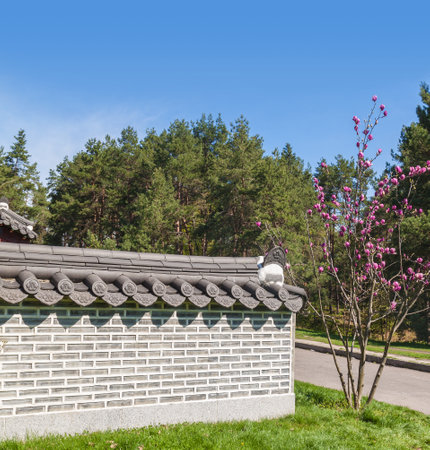 KIEV, UKRAINE: Apr17, 2016 in Kyiv Botanical Garden named Grishko, opened exhibition "Korean garden" Pavilion (Pagoda) is similar to pavilion "Aeryundzhun", located in Palace Changduk in Seoul, Korea.のeditorial素材