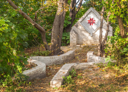 The modern pagan temple dedicated Yarilo on Castle (Khorevytsya, Kyselivka, Frolovska) hill on autumn day in Kiev.のeditorial素材