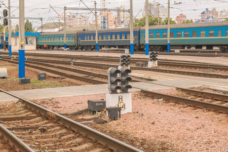 KIEV, UKRAINE - MAY 16, 2016: Railway tracks and semaphore at the railway station in Kiev, Ukraine