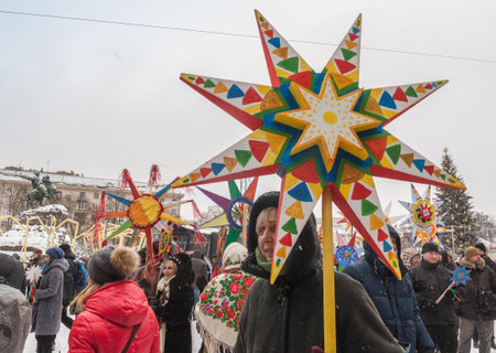 KIEV, UKRAINE-Jan 7, 2017: Christmas procession with the singing of Christmas carols in Kiev,...