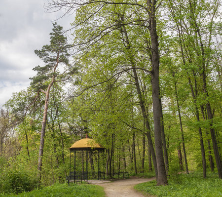 UKRAINE, BELAYA TSERKOV - APRIL 18, 2016: Gazebo near the trails in the arboretum Alexandria, in Belaya Tserkov, Ukraineのeditorial素材
