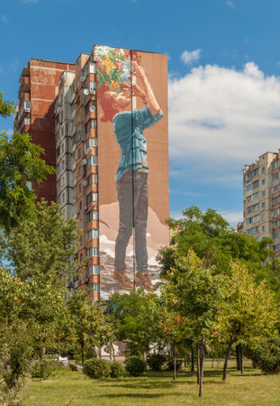 KIEV, UKRINA- July 23, 2016: Mural, part of program of  international festival of contemporary art in  public space Mural Social Club,  in Zakrewsky street in Desnjansky district of Kiev, Ukraineのeditorial素材