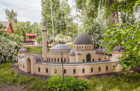 KIEV, UKRAINE - MAY 11, 2016: : Entertaiment Park Ukraine in Miniature (Small scale Ukraine). Model of the  Islamic complex, which in addition to Ar-Rahma mosque includes madrasah and minaret  in Kiev, Ukraineのeditorial素材