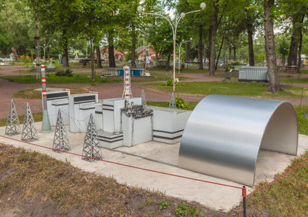 KIEV, UKRAINE - JULY 3, 2016: Entertaiment Park Ukraine in Miniature (Small scale Ukraine). Models of Chernobyl Nuclear Power Plant, Reactor N 4 was site of Chernobyl disaster in 1986  in Kiev, Ukraineのeditorial素材