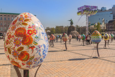 KYIV, UKRAINE - APRIL 11, 2017: All-Ukrainian festival of Easter eggs by ethnocultural project Folk Ukraine on Sophia Square in the centre of Kiev, Ukraine. April-may 2017のeditorial素材