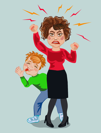 Aggressive angry woman with a teasing child behind herのイラスト素材