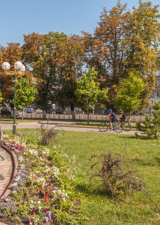 BORISPOL (Boryspil), UKRAINE-16 AUGUST, 2017: Central administrative area  in summer, in Borispol (Boryspil), Kiev region, Ukraineのeditorial素材