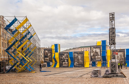 KYIV, UKRAINE-13 OCT 2017: festive decoration of square to the Day of Defender of Fatherland, Cossacks Day and Ukrainian Insurgent Army (UPA), Kiev, Ukraineのeditorial素材