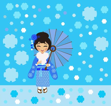 Japanese girl in a kimono admires the falling snow (Yukimi)のイラスト素材