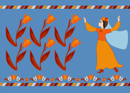 Crimean Tatar girl dances next to the tulips. Background for postcards or congratulationsのイラスト素材