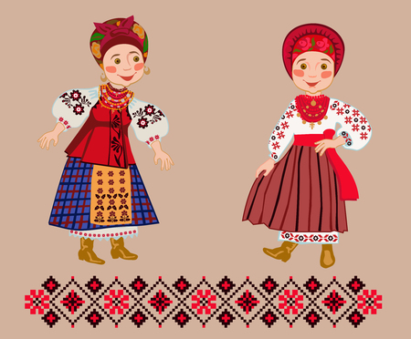 Two young women in Ukrainian folk clothes show off dressesのイラスト素材