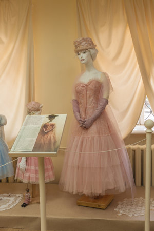 KIEV, UKRAINE - JUN16, 2018: Cocktail dress decorated pink tulle 50s of the 20th century at the fashion show  in Kiev, Ukraine.のeditorial素材