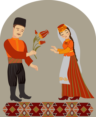 Crimean Tatar couple in love with a tulip on a gray background. Wedding greeting conceptのイラスト素材