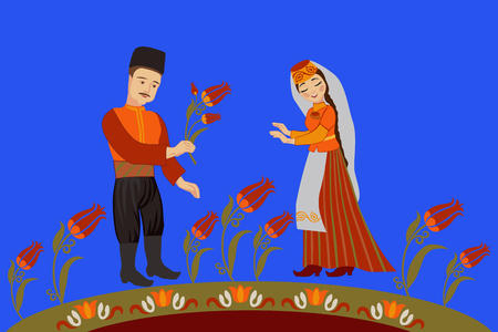 Crimean Tatar couple in love on a background of tulips. Wedding greeting conceptのイラスト素材