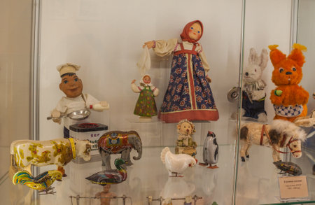 Kyiv, Ukraine - Feb 5, 2020: Mechanical, wind-up toys and inert from Germany and  USSR 40-80 years of 20th century in  in Toy Museum, Kyiv, Ukraine. Mass productionのeditorial素材