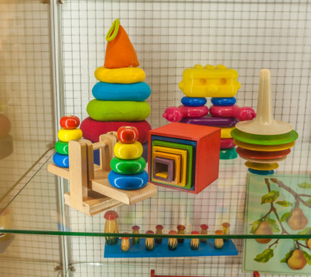 Kyiv, Ukraine - Feb 5, 2020: Wooden and plastic didactic toys  for development of logic and motor skills in the Toy Museum, Kiev, Ukraineのeditorial素材