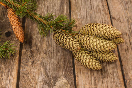 Spruce branch with pine cones on a wooden background. Blank for a Christmas background for a banner, postcard, calendar. Flat layの写真素材