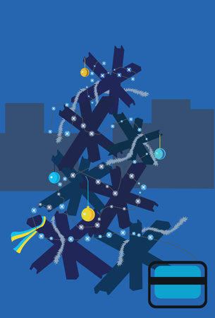 Symbolic tree made of anti-tank barriers illuminated by a generator against the backdrop of dark houses. The concept of Russian aggression in Ukraineのイラスト素材