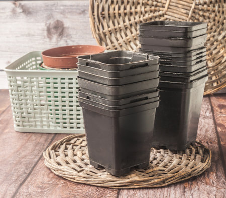 Plastic pots for growing seedlings, houseplants. Preparing pots for growing seedlings. spring gardener timeの写真素材