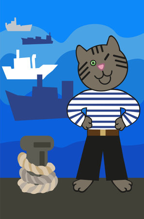 Day of the Seafarer. June 25. Holiday concept with sailor cat. Sailor cat winks against the background of ship silhouettes. vector illustration.のイラスト素材