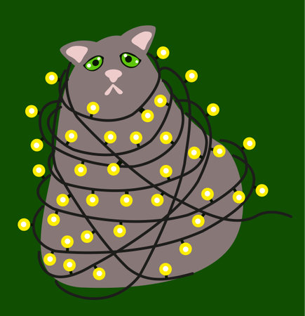 Funny sad winter cat in Christmas garland. Vector illustration. New Year character animal for design, holiday card, decorのイラスト素材