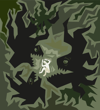 Panic attacks concept with depressed person on dark green background. Vector illustrationのイラスト素材