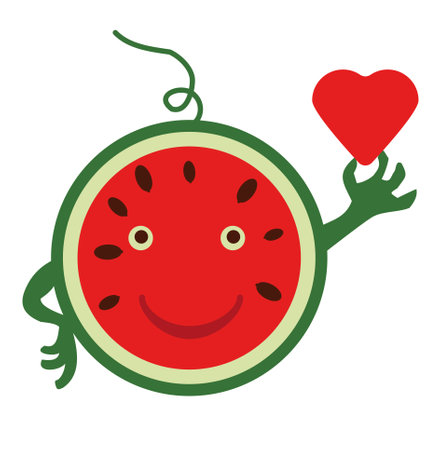 National Watermelon Day. Smiling watermelon with a red heart in his hands on a white background. Vector cartoon characterのイラスト素材