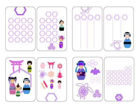Vector cards templates of children's notebook pages, notes, stickers in Japanese style for November. Symbols of the change of seasons. Concept Holiday Shichi-Go-San or seven-five-threeのイラスト素材