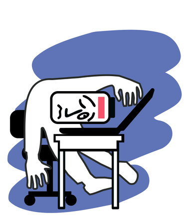 Vector illustration of symbolic burnout at work. Concept of tiredness of discharged battery.のイラスト素材