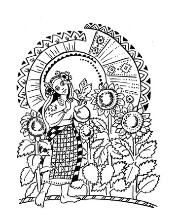 Illustration of a girl in a national Ukrainian costume with a nightingale and sunflowers against the background of a stylized sun. Concept of August or September, summer.の写真素材