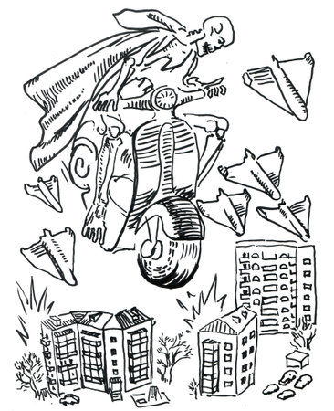Skeleton on scooter surrounded by drones bombs residential buildings. Concept of Russian bombing of civilian infrastructure of Ukraine.の写真素材