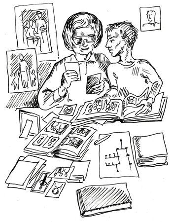 Grandmother and grandson look at photos and make a family tree. Black and white drawingの写真素材