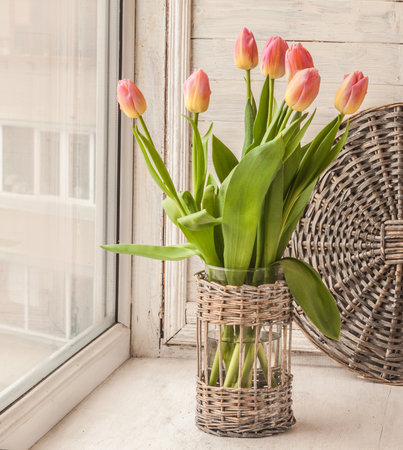 A bouquet of pink tulips in glass vase on the windowsillの写真素材