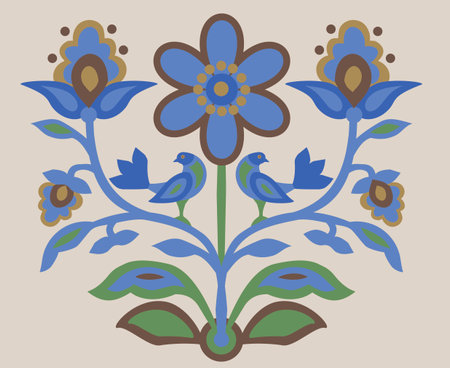Ukrainian traditional folk ornament "Tree of Life" with birds. Mirror or vytynanka ornament in blue-ocher tones.の写真素材