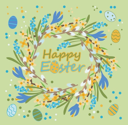 Vector illustration with wreath of forsythia and willow branches, blooming crocuses and muscari with Easter eggs on light green background. Happy Easter.のイラスト素材
