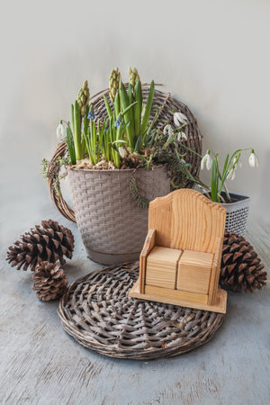 Flower pot-basket with blooming muscari, hyacinths, snowdrop next to Two-cube calendar with empty edges on gray background. Hello spring. Place for text. Background for cover, calendar, bannerの写真素材