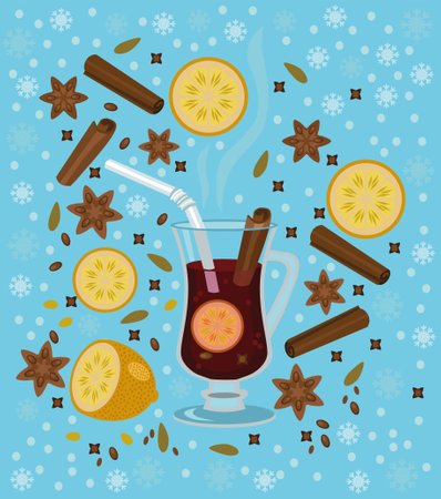 Vector illustration of hot glass of mulled wine with ingredients on blue background. Christmas mulled wine concept.のイラスト素材