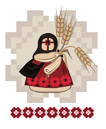 Vector illustration of Ukrainian rag and grain doll-motanka with ears of wheat on the background of solar sign.のイラスト素材
