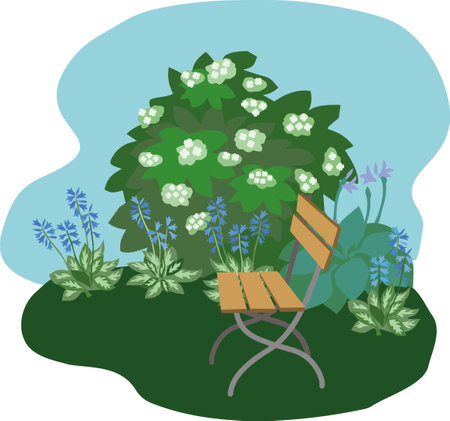 Vector illustration of a cozy corner in the garden with hosta, blooming hydrangea and a folding garden chair.のイラスト素材