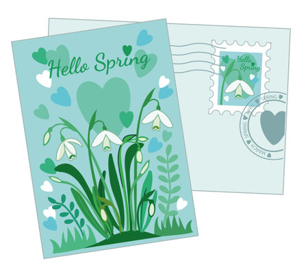 Vector illustration of a spring postcard featuring snowdrops on a turquoise background. Floating hearts create an atmosphere of warmth, renewal, and joy. Perfect for greetings and seasonal designs.のイラスト素材