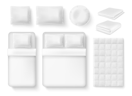 white blank bedding set. Bed, pillow, linen, folded and unfolded blanket, duvet cover realistic templates.のイラスト素材