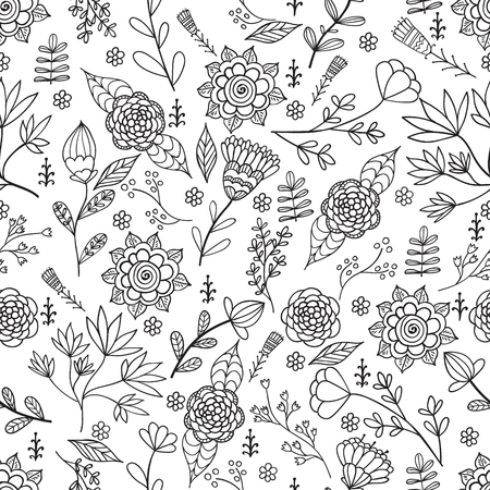 Hand drawn artistic ethnic ornamental patterned floral frame in doodle, zentangle style for adult coloring pages, t-shirt or prints. Vector spring illustration.seamless pattern. Black and white seamless botanic texture, detailed flowers illustrations.Doodのイラスト素材