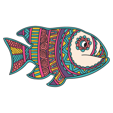 Greeting Beautiful card with fish. Frame of animal made in vector. Etno Style. Fish Illustration for design, pattern, textiles. Hand Drawn doodle vector illustration isolated on white background.のイラスト素材