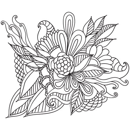 Hand drawn artistic ethnic ornamental patterned floral frame in doodle, zentangle style for adult coloring pages, tattoo, t-shirt or prints. Vector spring illustration.のイラスト素材