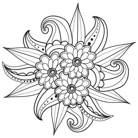 Hand drawn artistic ethnic ornamental patterned floral frame in doodle, zentangle style for adult coloring pages, tattoo, t-shirt or prints. Vector spring illustration.のイラスト素材