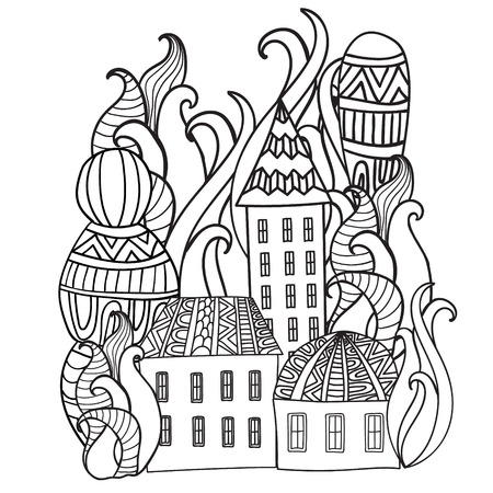 Fantasy fairy houses in the magic forest. Pattern for coloring book. Black and white pattern. Sketch by trace.のイラスト素材