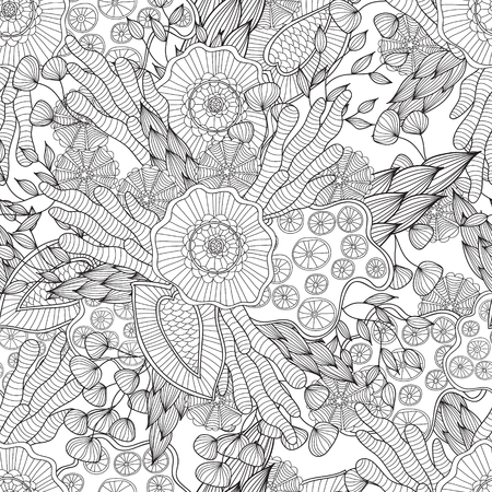 Hand drawn artistic ethnic ornamental patterned floral frame in doodle style for adult coloring pages, t-shirt or prints. Vector spring illustration.seamless patternのイラスト素材