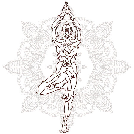 Stylized Yoga Pose of the ornaments of a mandala background. hand drawn.kaleidoscope, medallion, yoga, india, arabic.T-shirt printing. Coloring for adultsのイラスト素材