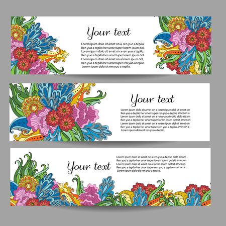 Three vector banners with beautiful monochrome floral pattern in doodle style. Vector hand drawn background. Can be used in website, magazine or advertising.のイラスト素材