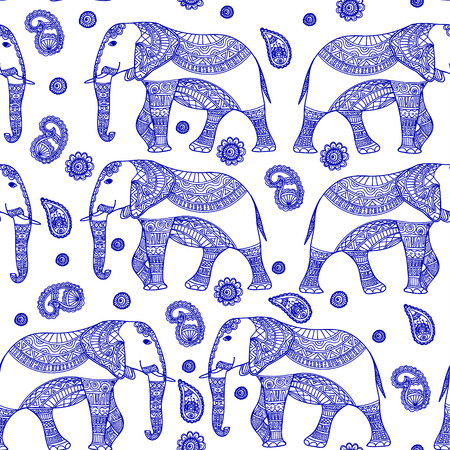 Seamless Pattern with Hand Drawn Vintage vector Indian elephant. Zenart Stylized.For Hindu, African, Indian, Thai, boho design, spiritual print, wrapping and textiles.のイラスト素材